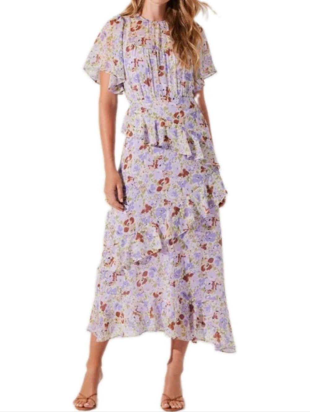 ASTR the Label Size XS Purple Floral Ruffle Short Sleeve Midi Dress Msrp $138